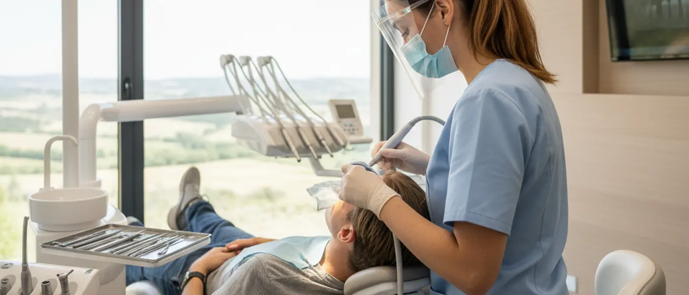 Igienista dentale che esegue una pulizia professionale in una clinica odontoiatrica italiana