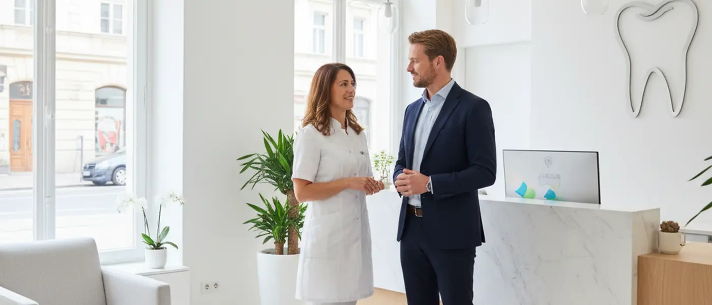 Dentista italiano che visita un paziente in una clinica odontoiatrica moderna a Roma