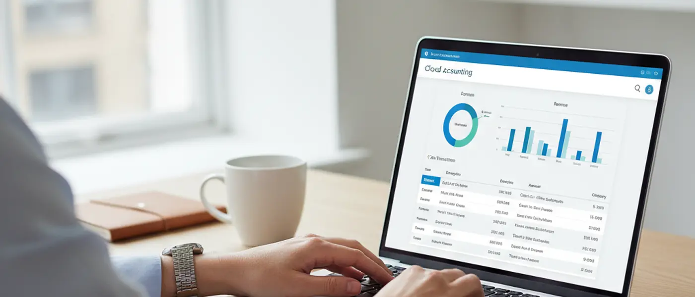 Hands typing on a laptop displaying a cloud accounting dashboard with financial charts