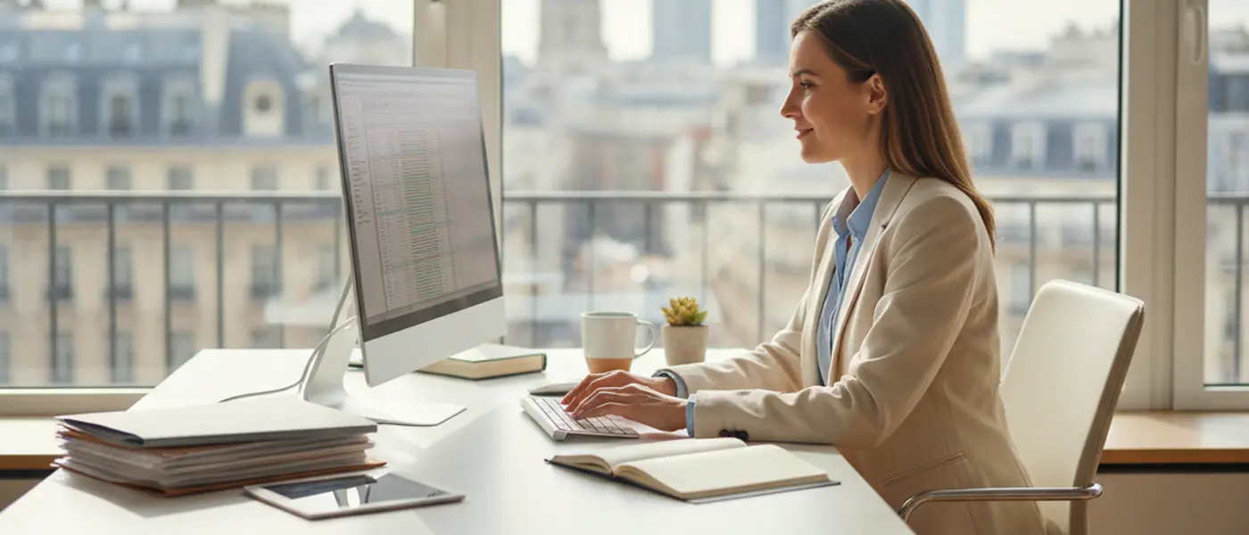 Professional bookkeeper reviewing financial spreadsheets on a laptop in a modern London office
