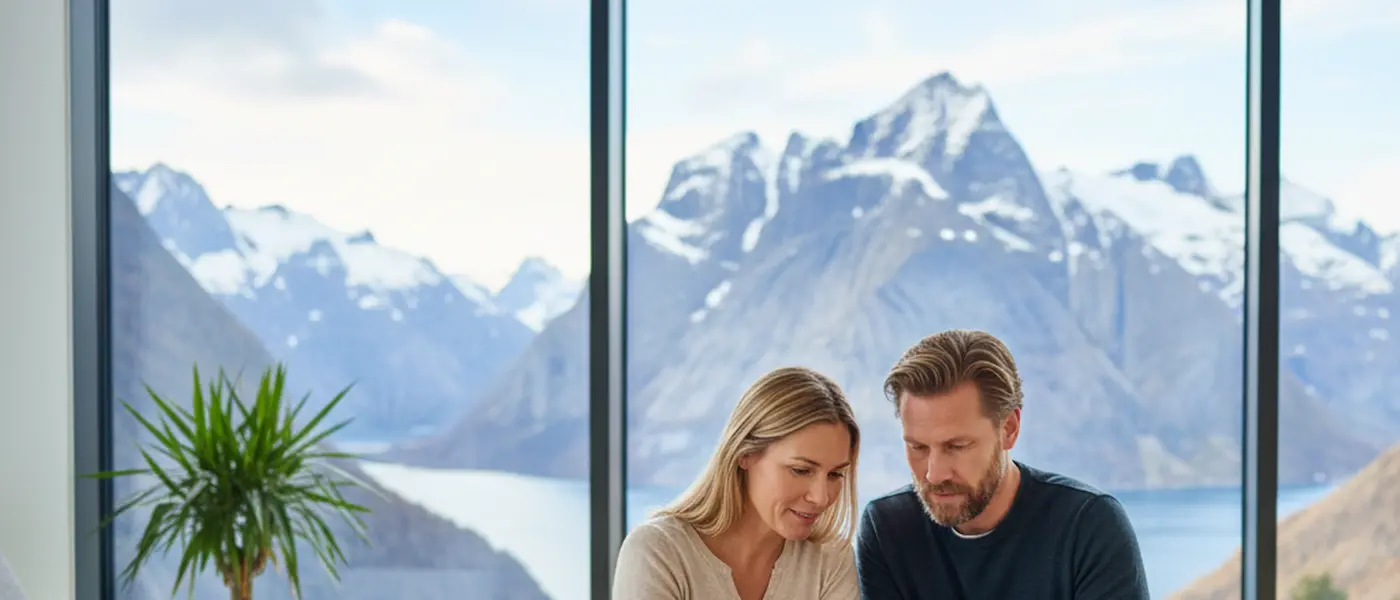 Norsk par gjennomgår investeringsportefølje på nettbrett med fjordutsikt