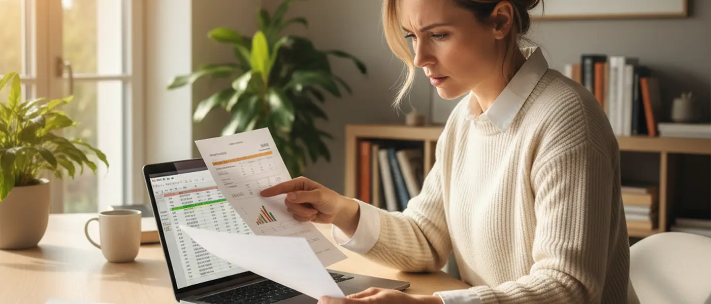 Frau vergleicht Handwerker-Angebote am Schreibtisch mit Laptop und ausgedruckten Kostenvoranschlägen