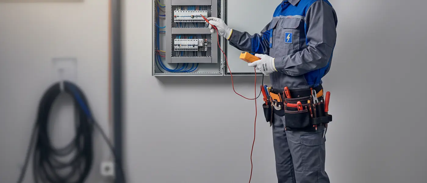 Elektriker in Arbeitskleidung prüft einen Sicherungskasten in einem deutschen Wohnhaus