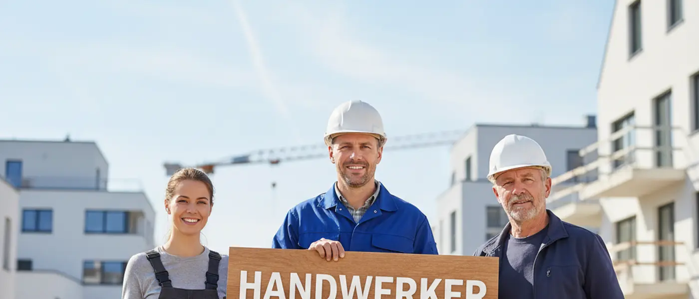 Hausbesitzer bespricht Renovierungspläne mit einem Handwerker in einer modernen deutschen Küche