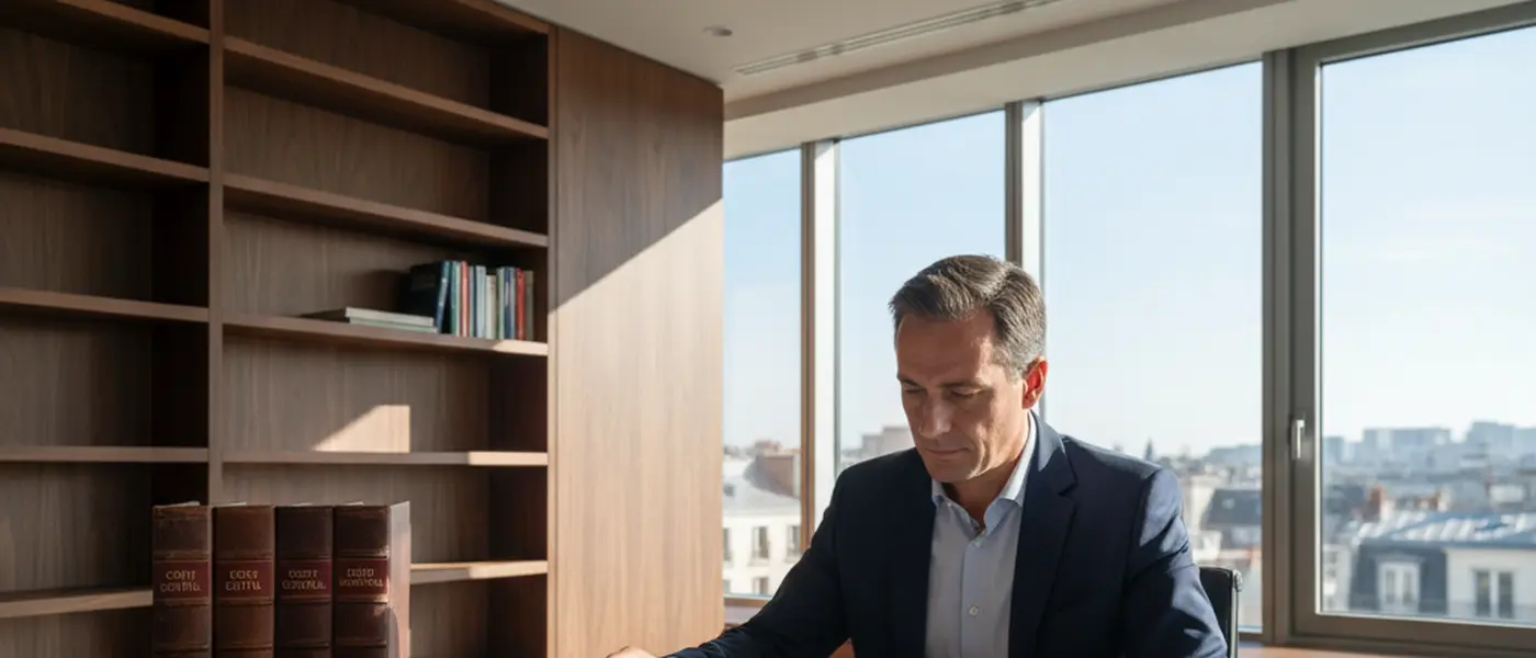 Avocat en droit public révisant des documents juridiques liés aux élections municipales françaises