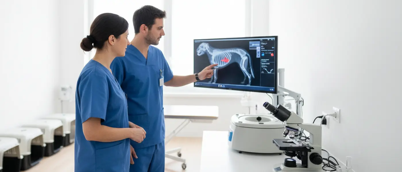 Equipamento de diagnóstico num hospital veterinário moderno em Portugal, com ecrã de radiografia digital e material laboratorial