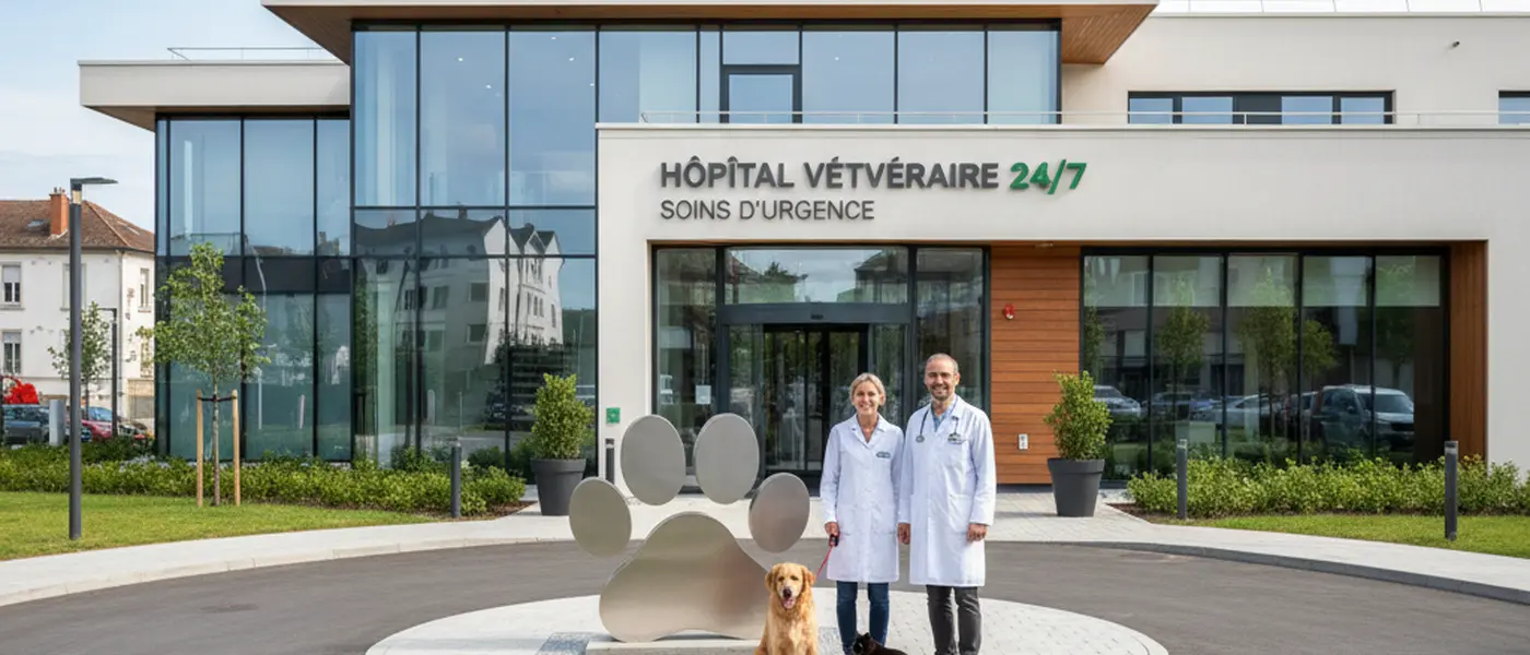 Veterinário português a examinar um golden retriever numa mesa de consulta num hospital veterinário 24 horas moderno