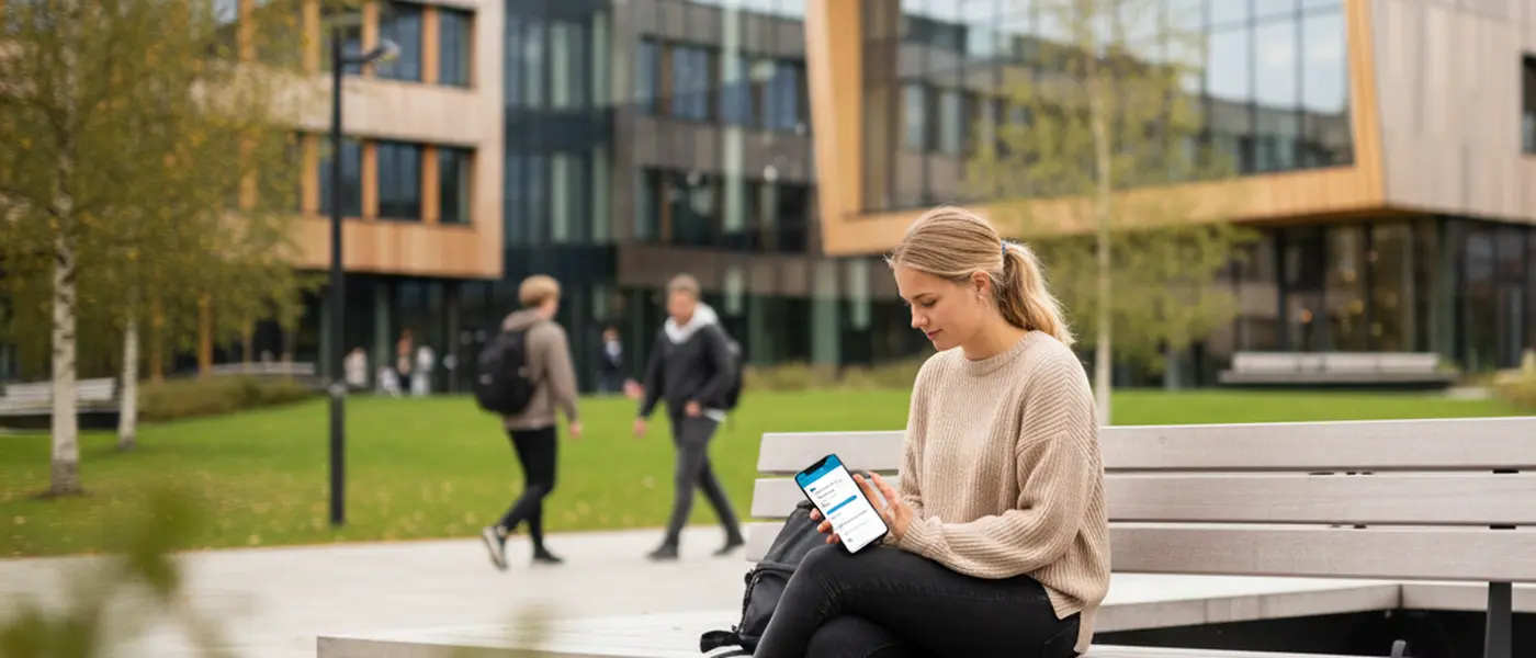 Ung internasjonal student registrerer seg for [helsetjenester](/no/magasin/helse/helse) på smarttelefon ved norsk universitetscampus