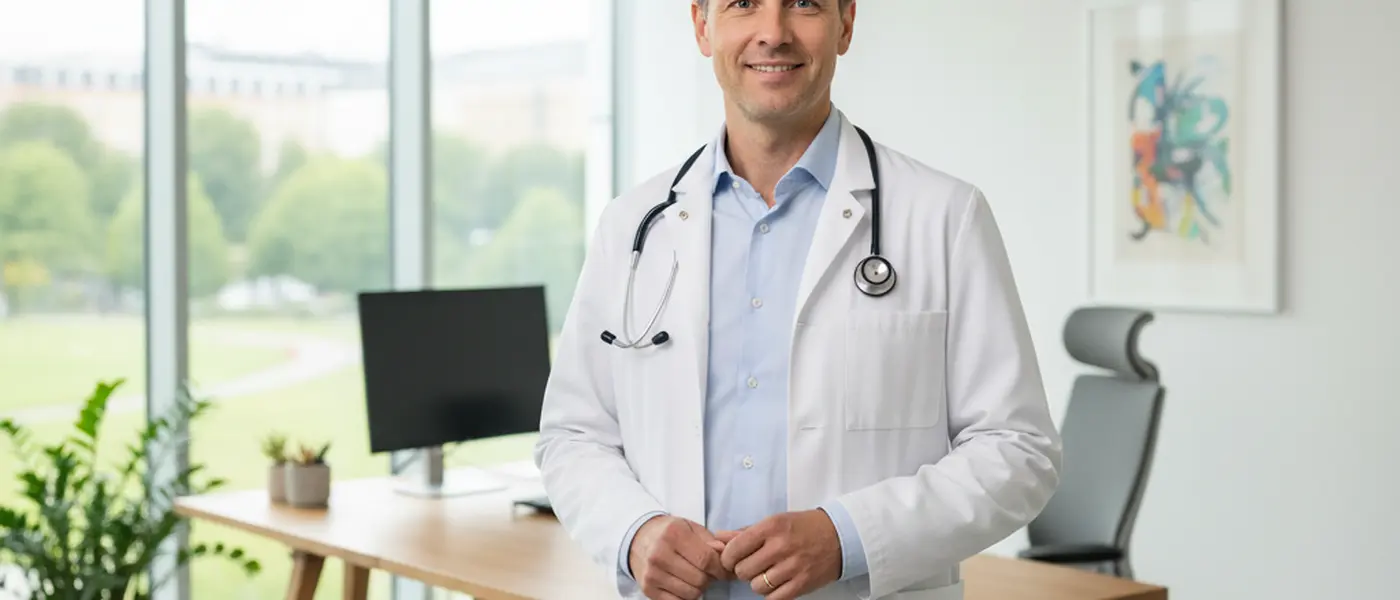 Norsk kvinne i konsultasjon med fastlegen sin på et moderne legekontor