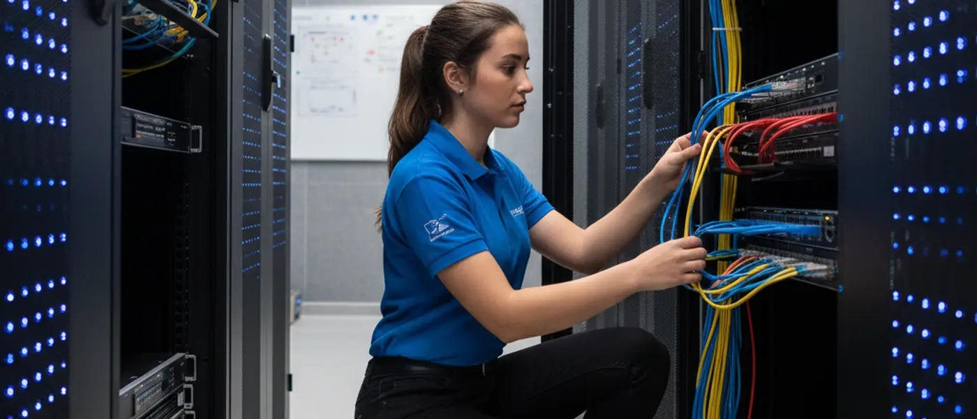 Técnica de informática a configurar equipamento de rede num bastidor de servidores