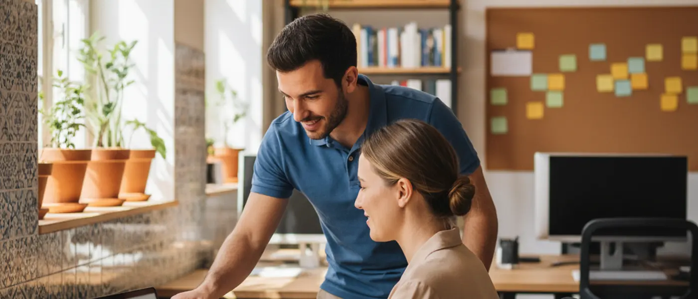 Técnico de suporte informático a ajudar um colega no escritório, apontando para o ecrã do portátil