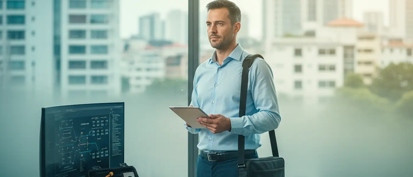 Técnico em informática português a reparar um computador num escritório moderno em Lisboa