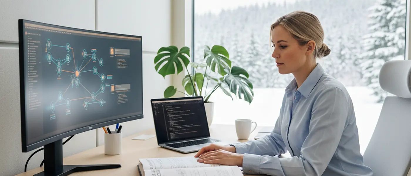 IT-tekniker felsöker en bärbar dator vid ett skrivbord med serverrack i bakgrunden