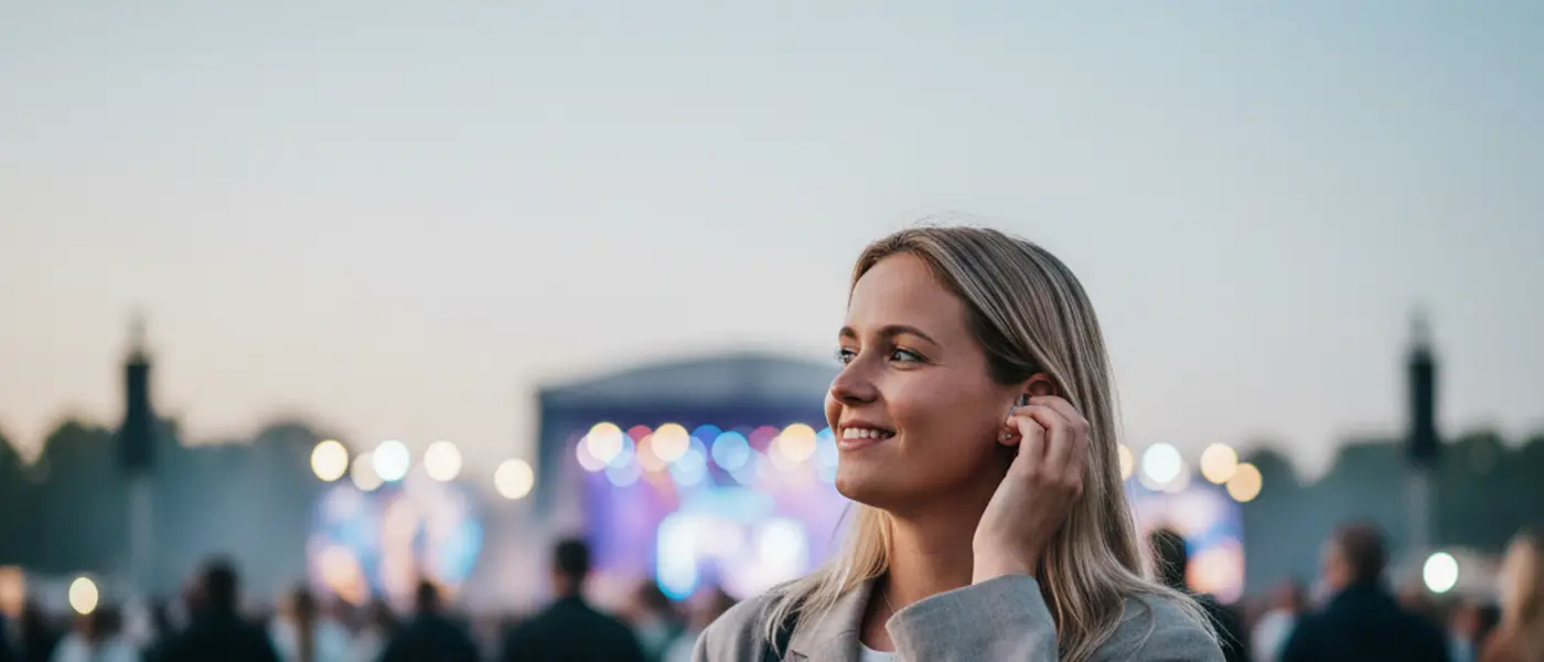 Nederlandse vrouw geniet van concert met beschermende muziekoordopjes, zachte concertverlichting op de achtergrond
