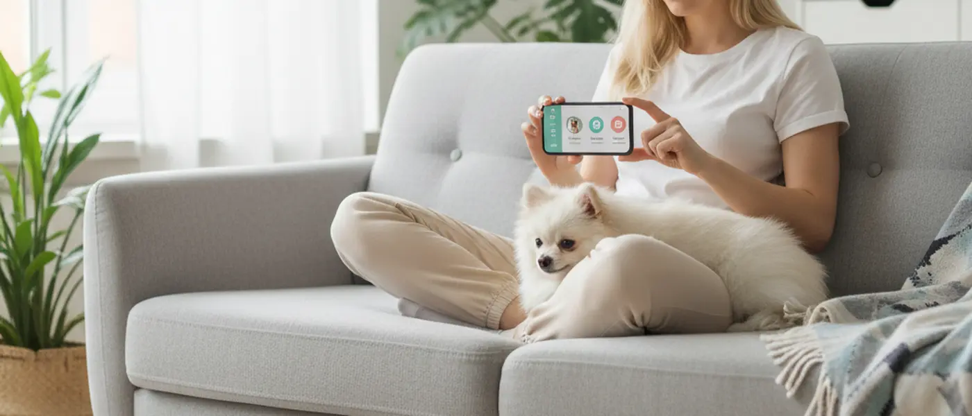 Person använder en djurhälsoapp på smarttelefon med en liten hund bredvid sig i soffan