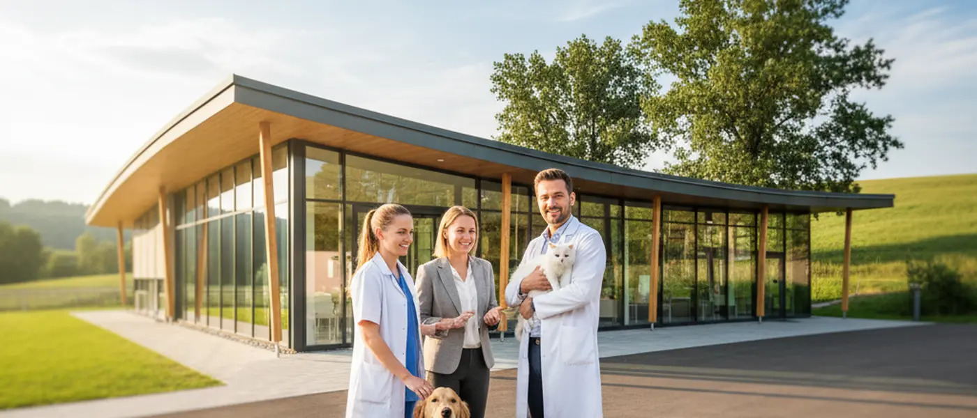 Kvinna med golden retriever i väntrum på veterinärklinik