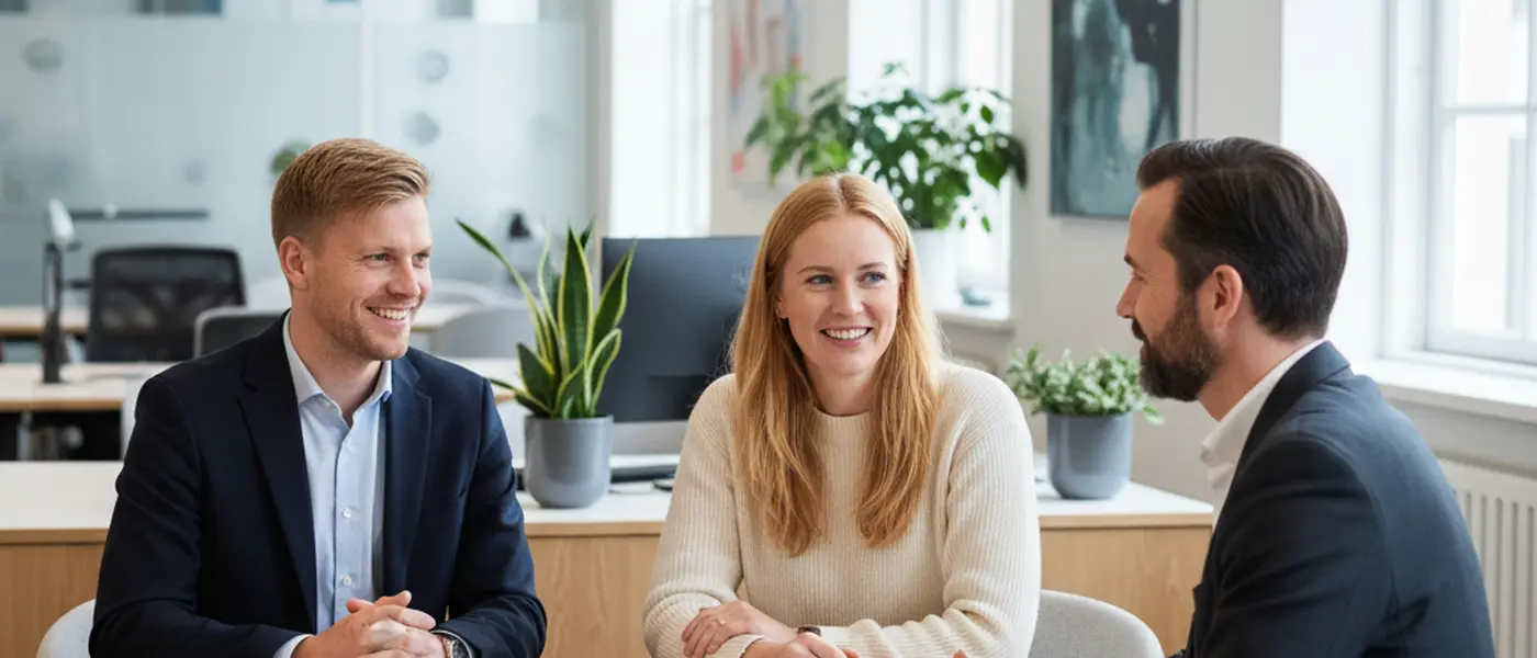 Dansk par i møde med bankrådgiver om indskudslån i et moderne nordisk bankkontor