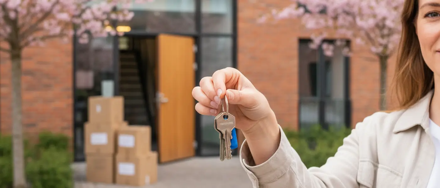 Person med nøgler foran dansk boligindgang med flyttekasser i baggrunden