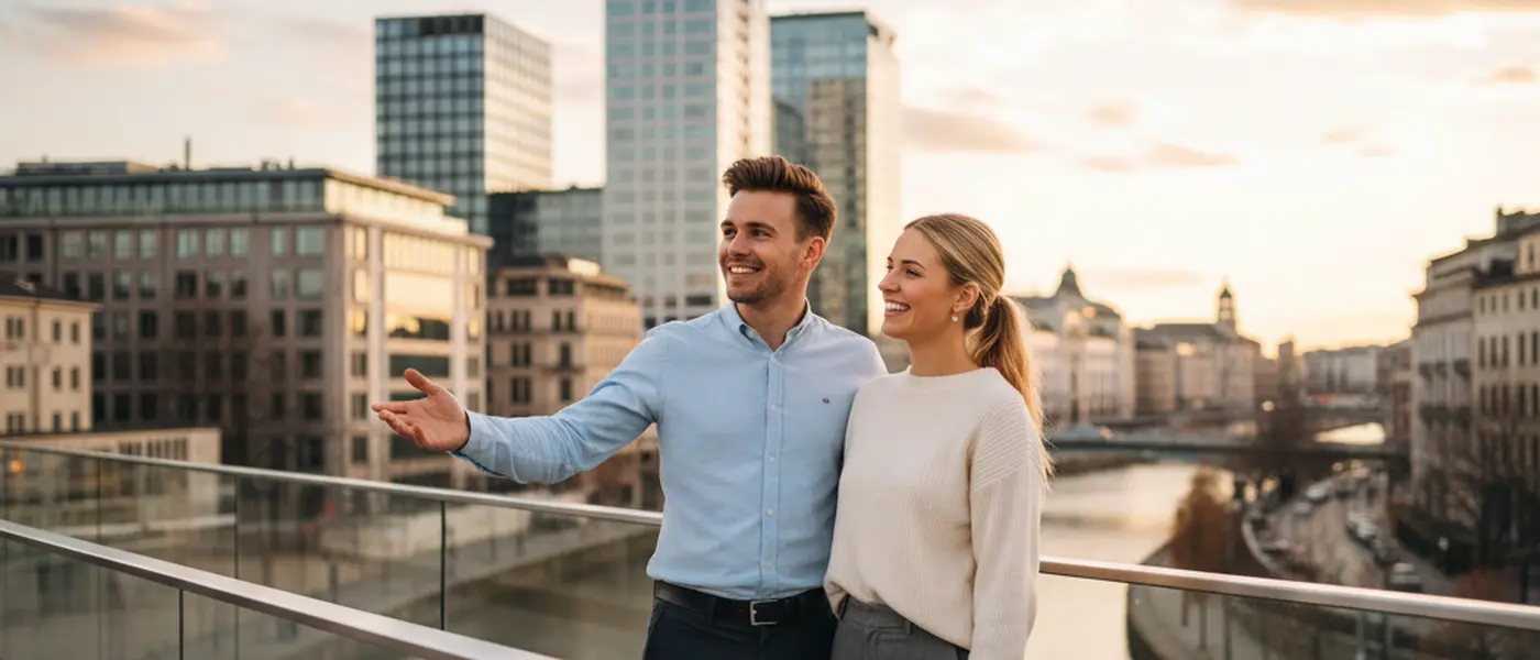 Ung dansk kvinde gennemgår lånedokumenter ved skrivebord i lys skandinavisk lejlighed