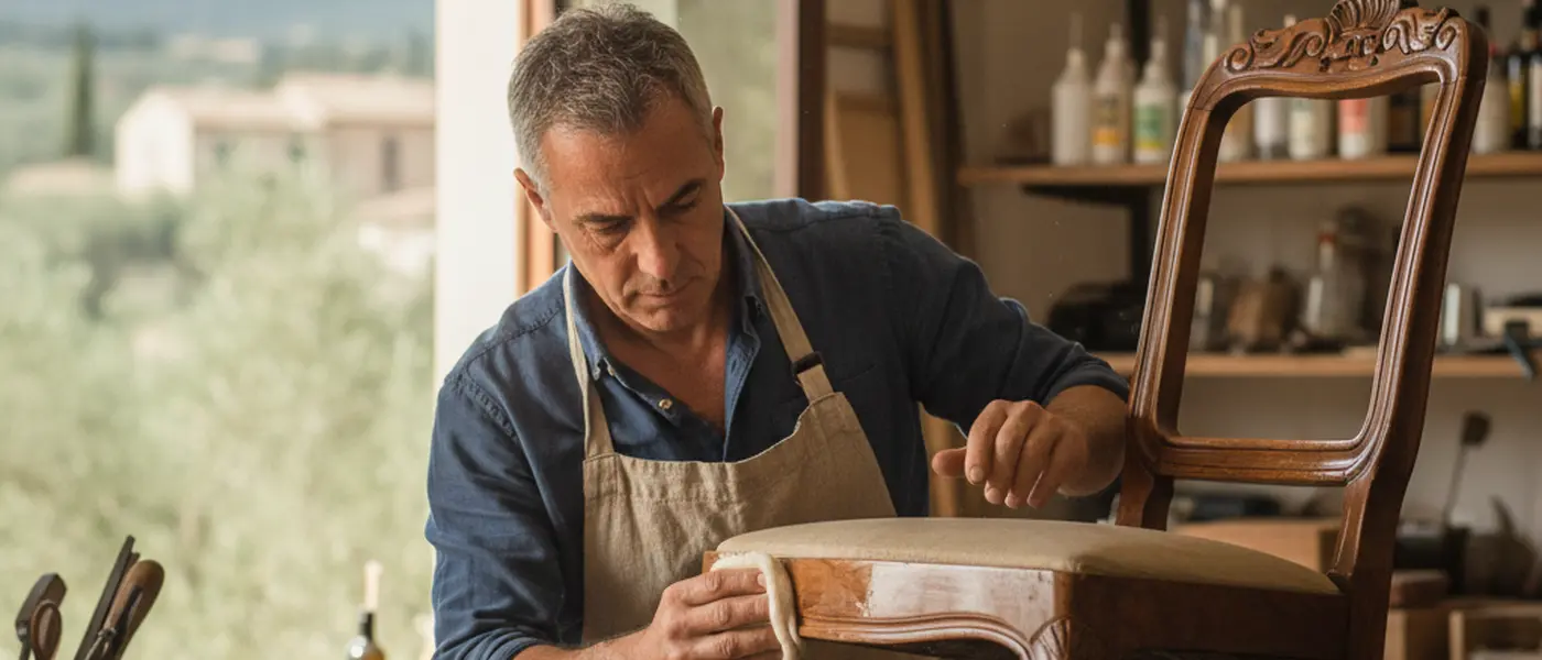 Falegname italiano che misura un mobile su misura in rovere nel suo laboratorio di falegnameria