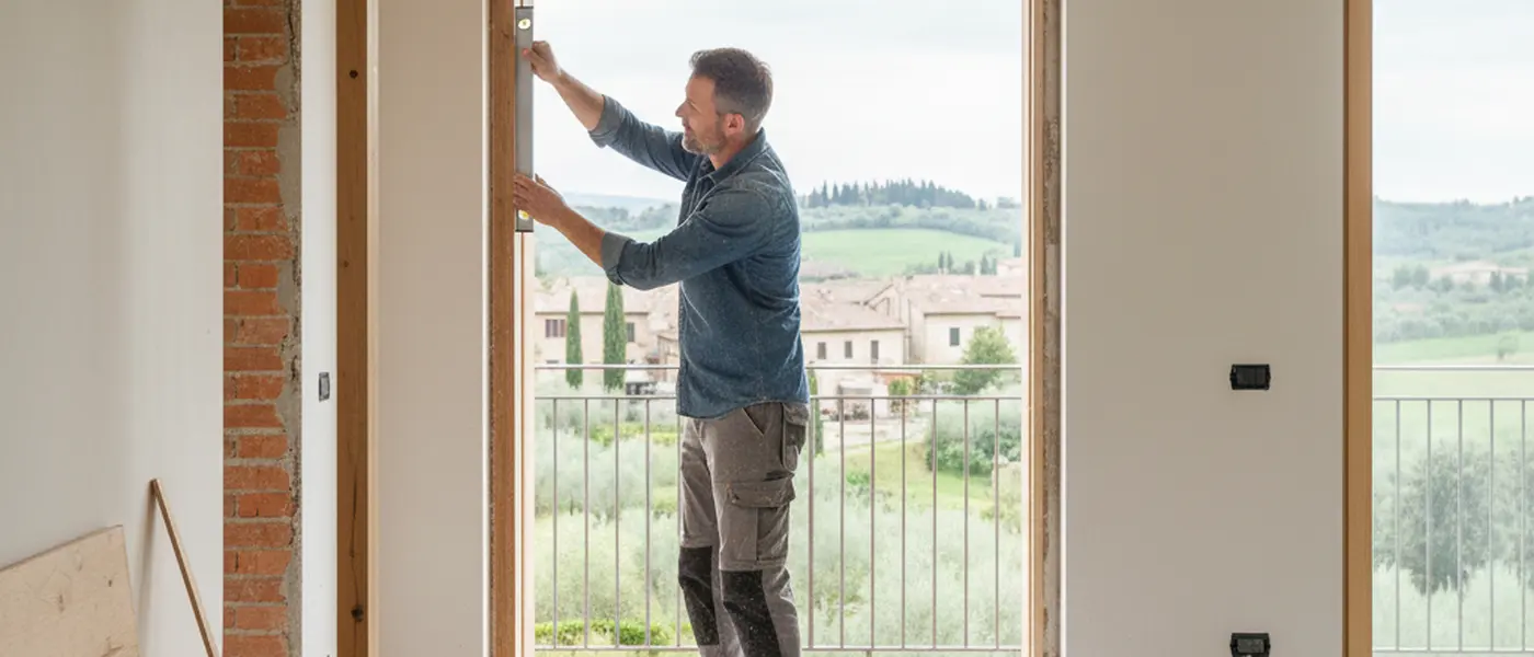 Falegname edile che installa un telaio di finestra in legno in un appartamento in ristrutturazione