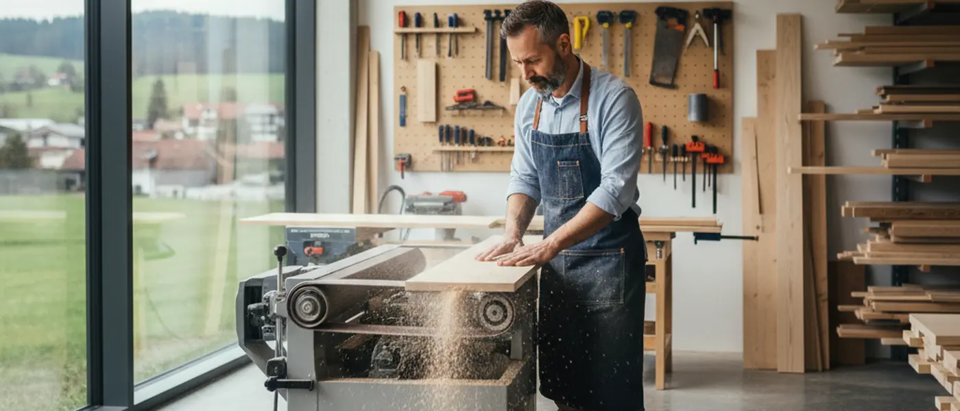 Artigiano falegname italiano che lavora un mobile in rovere nel suo laboratorio con attrezzi tradizionali