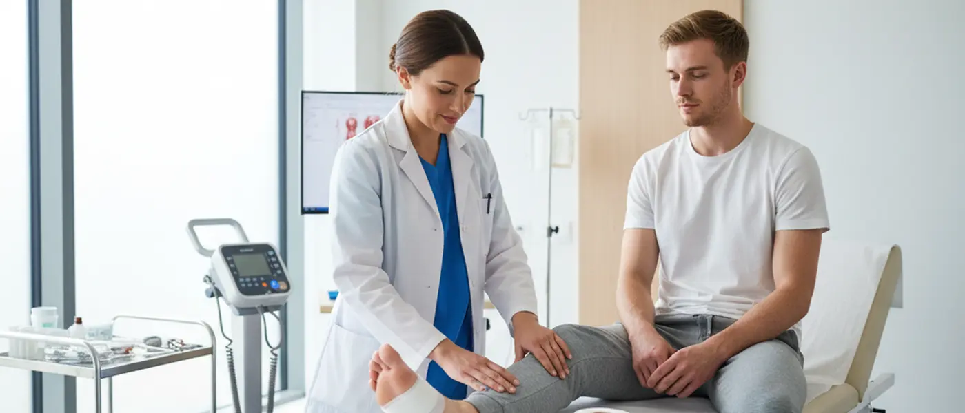 Nurse practitioner examining a sprained ankle at a UK urgent treatment centre