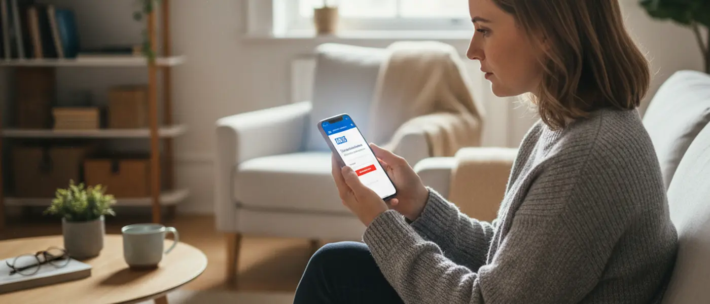 Person searching for healthcare services on a smartphone in a British living room