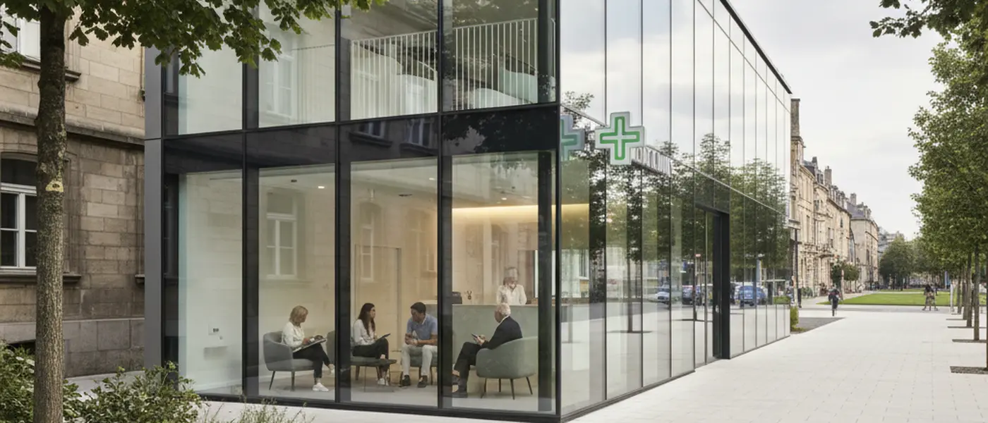 Young woman checking in at the reception desk of a modern NHS walk-in clinic in the UK