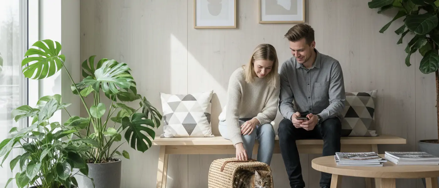 Par med deres kat i venteværelset hos en dansk dyrlægeklinik med skandinavisk indretning