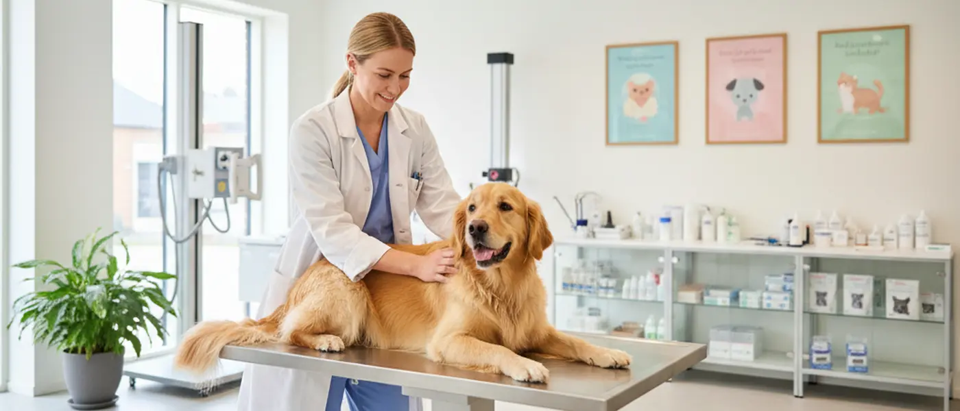 Dansk dyrlæge undersøger en golden retriever på et undersøgelsesbord i en moderne klinik