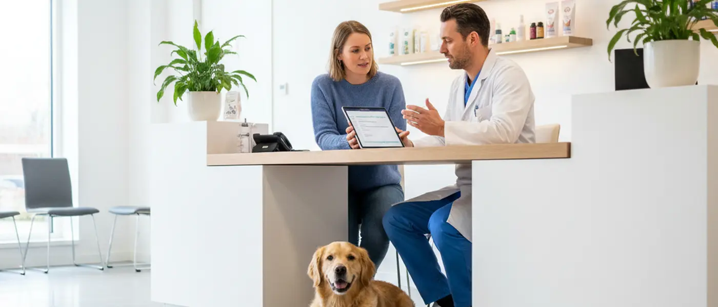 Huisdiereigenaar bespreekt een kostenraming met dierenarts aan de receptie van een moderne kliniek