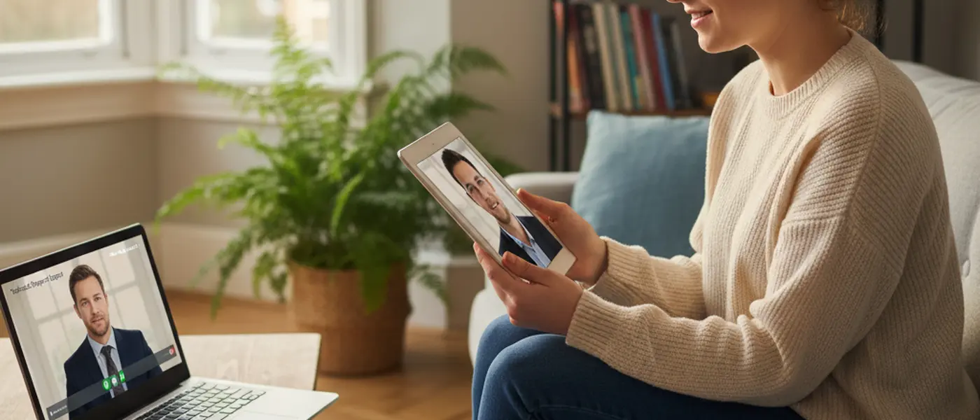 Woman consulting an electronics technician via video call on her laptop in a cosy British living room