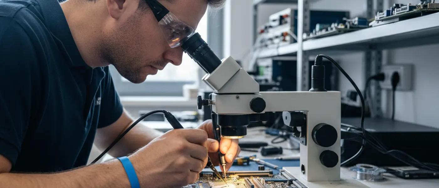 Technician soldering a laptop motherboard under a microscope in a professional UK repair lab