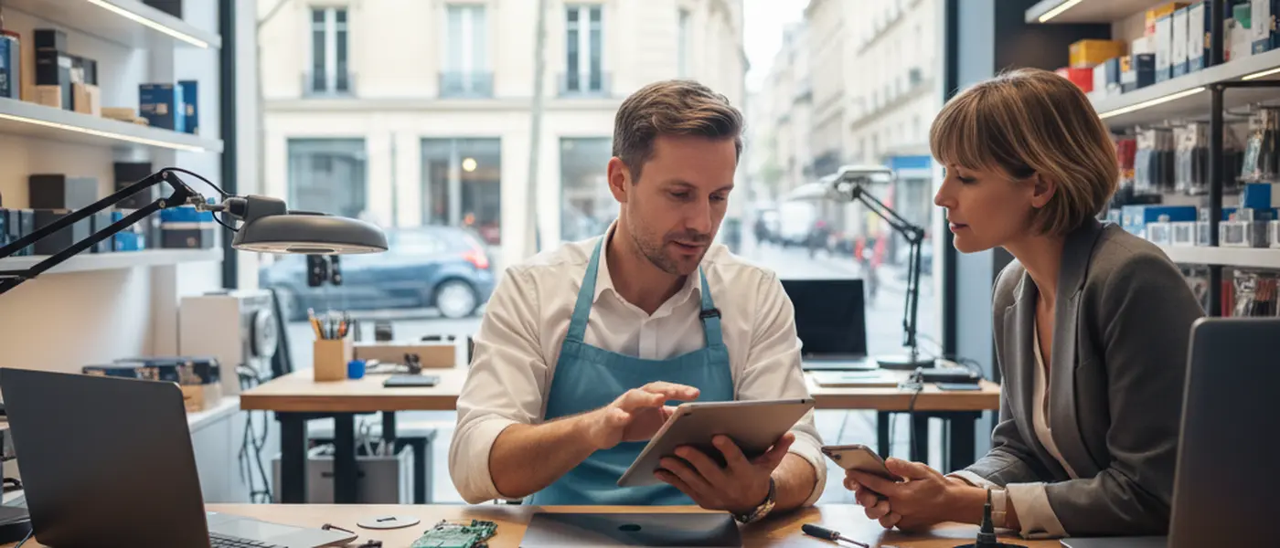 British electronics repair technician examining a circuit board with a magnifying lamp in a workshop