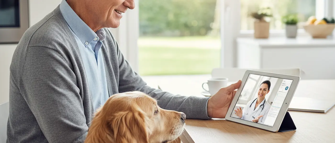 Älterer Mann mit Golden Retriever bei einer Videoberatung am Tablet in der Küche