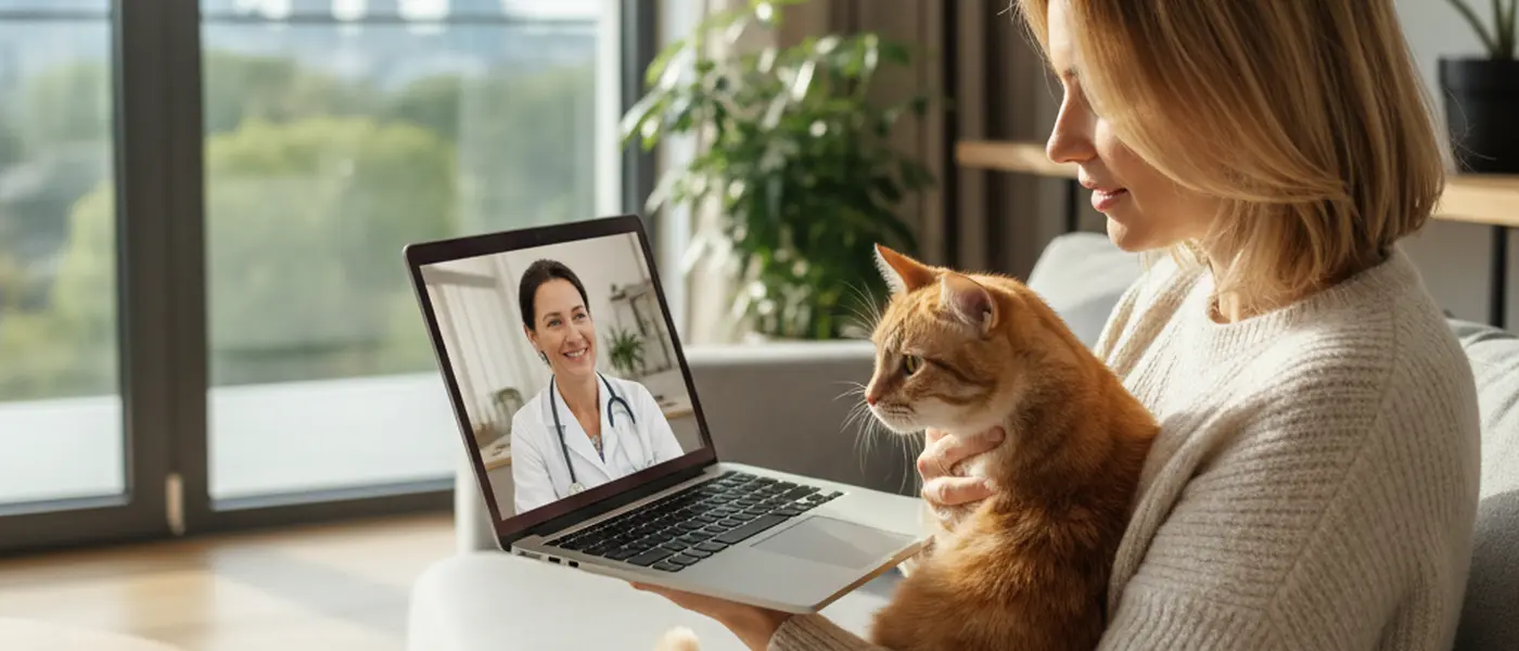 Frau hält ihre Katze während einer Video-Tierarztberatung am Laptop im Wohnzimmer
