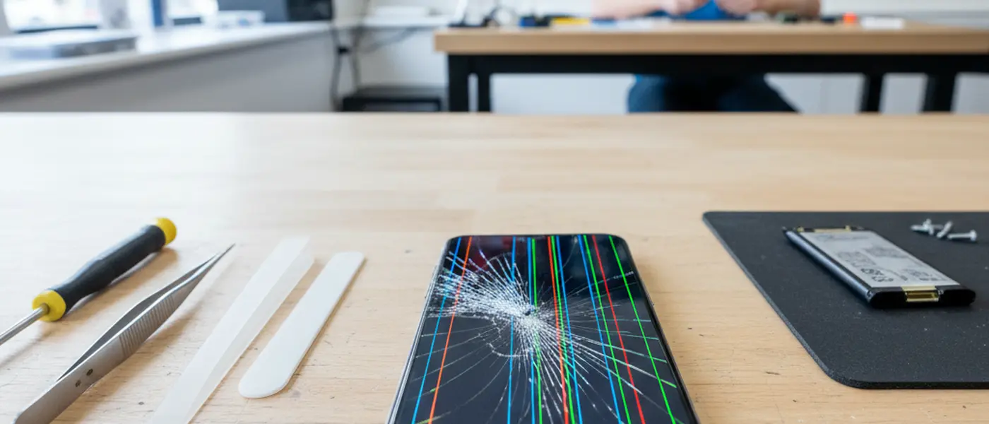 Smartphone with a cracked screen displaying coloured lines on a technician workbench with repair tools
