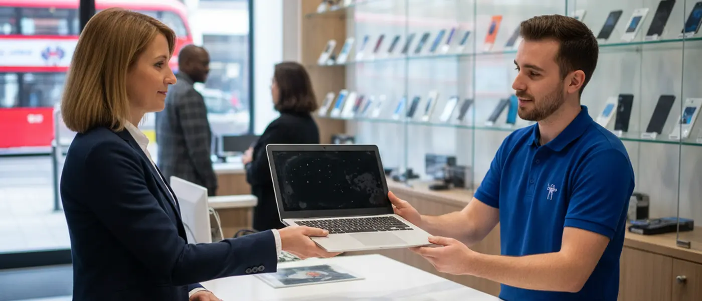 Customer handing a water-damaged laptop to a technician at a UK electronics repair counter