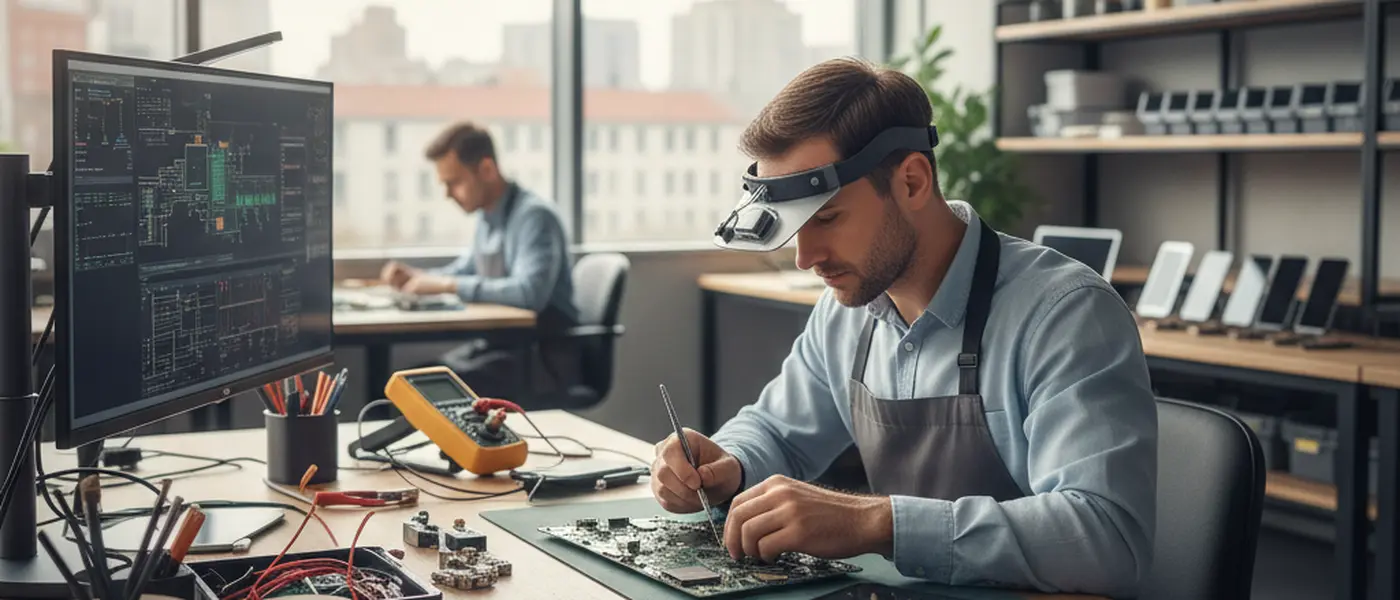 British electronics technician repairing a circuit board at a soldering station in a modern UK workshop