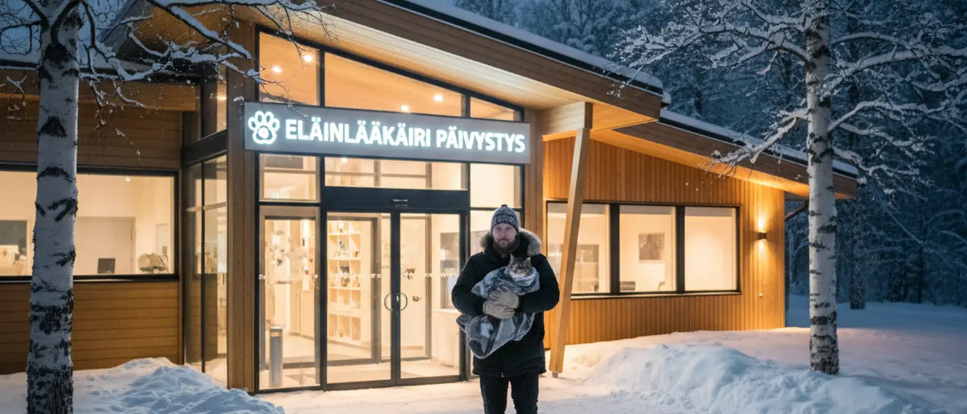 Päivystävän eläinklinikan sisäänkäynti talvisessa illassa Suomessa