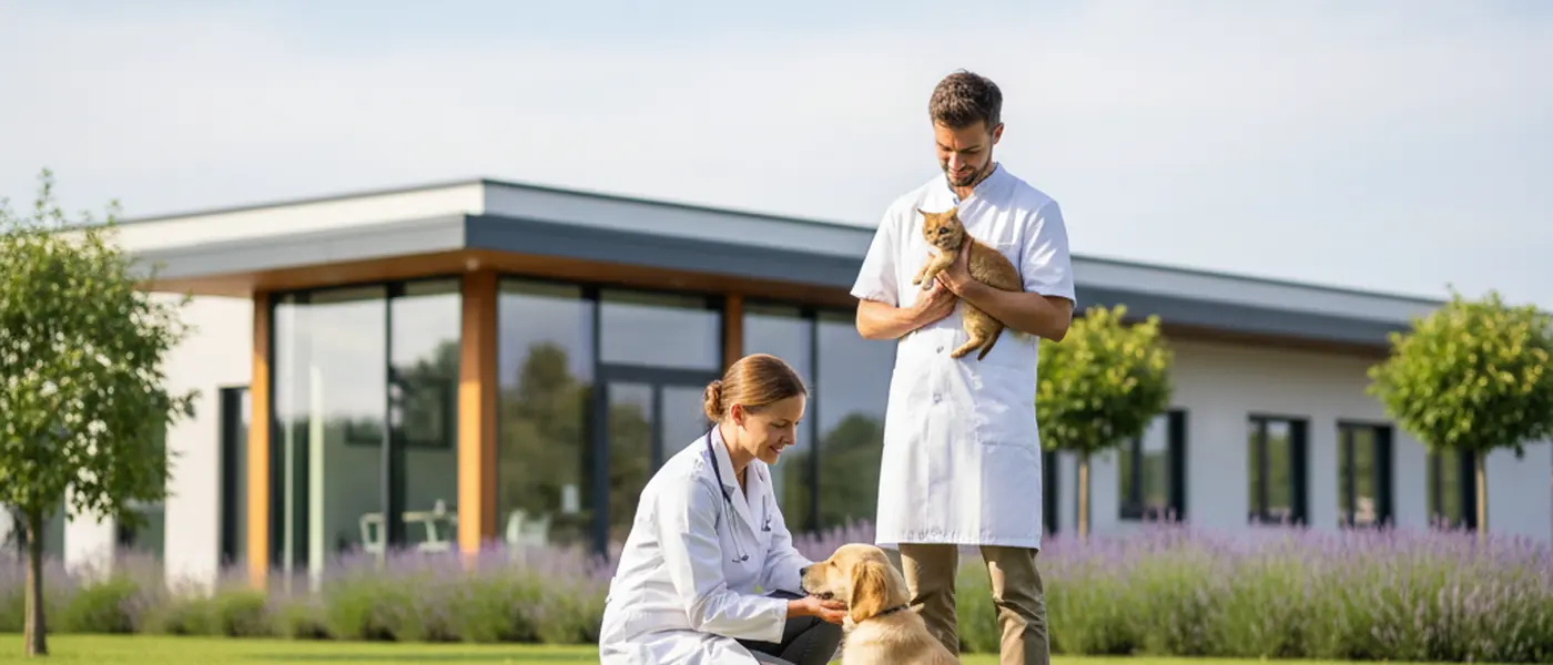 Eläinlääkäri tutkii kultaista noutajaa vastaanotolla modernissa klinikassa Helsingissä