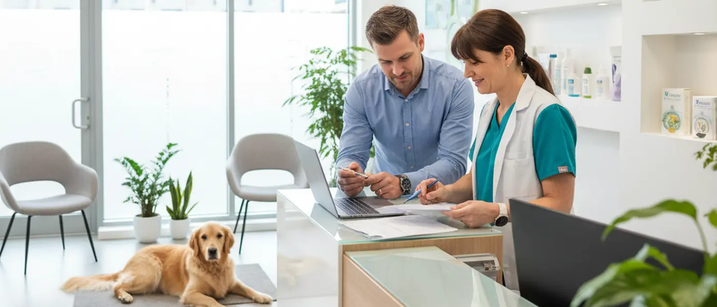 Pet owner discussing fees with a veterinary receptionist at a bright UK clinic