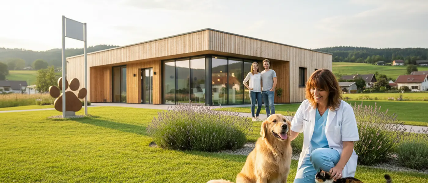 Veterinary nurse holding a tabby cat in a modern UK vet clinic examination room