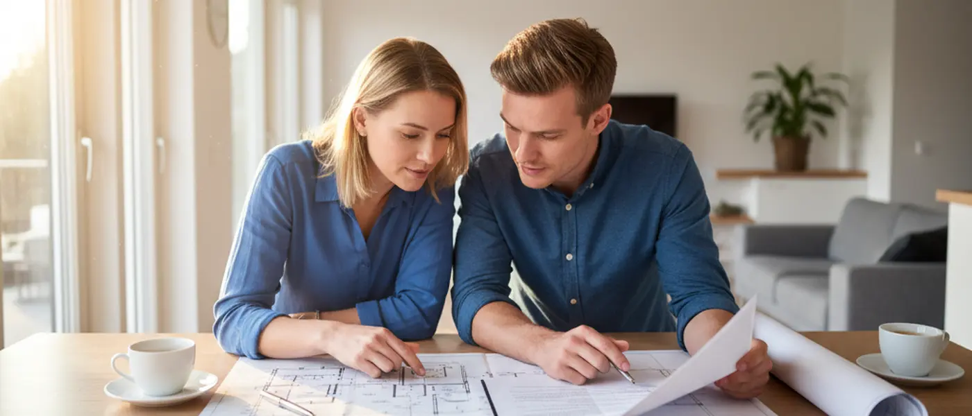 Par granskar bostadsrättskontrakt och ritningar vid köksbord