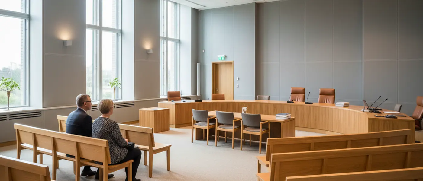 Svensk tingsrättssal med träbänkar och domarplats i professionell atmosfär