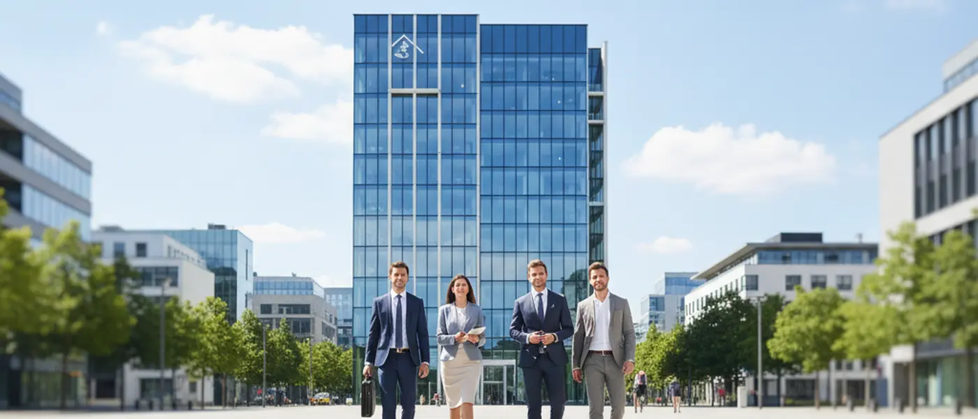 Kvinna granskar juridiska dokument med advokat i modernt Stockholmskontor