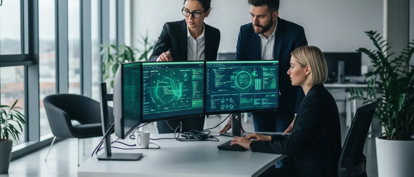 IT-Fachleute analysieren Cybersecurity-Dashboards auf mehreren Bildschirmen in einem modernen Büro