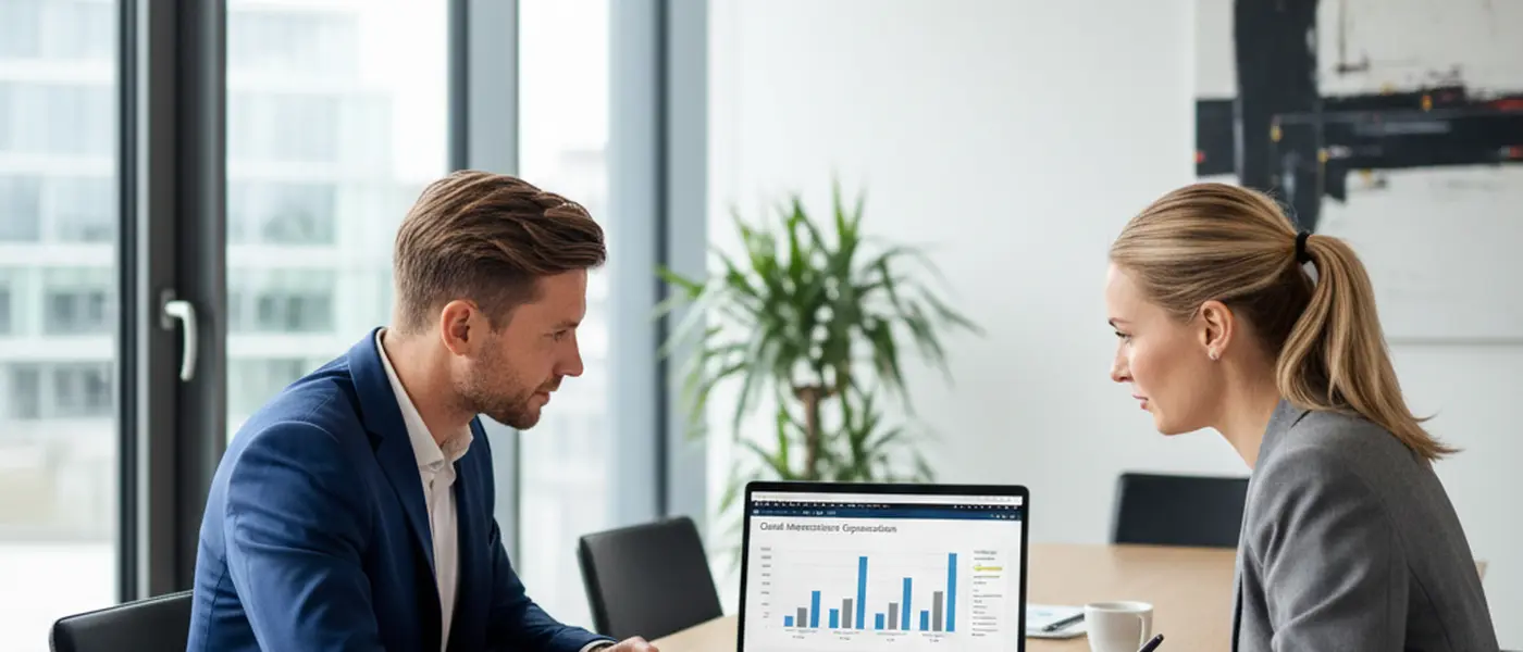 Unternehmer und IT-Berater besprechen Cloud-Kosten am Laptop in einem hellen Besprechungsraum