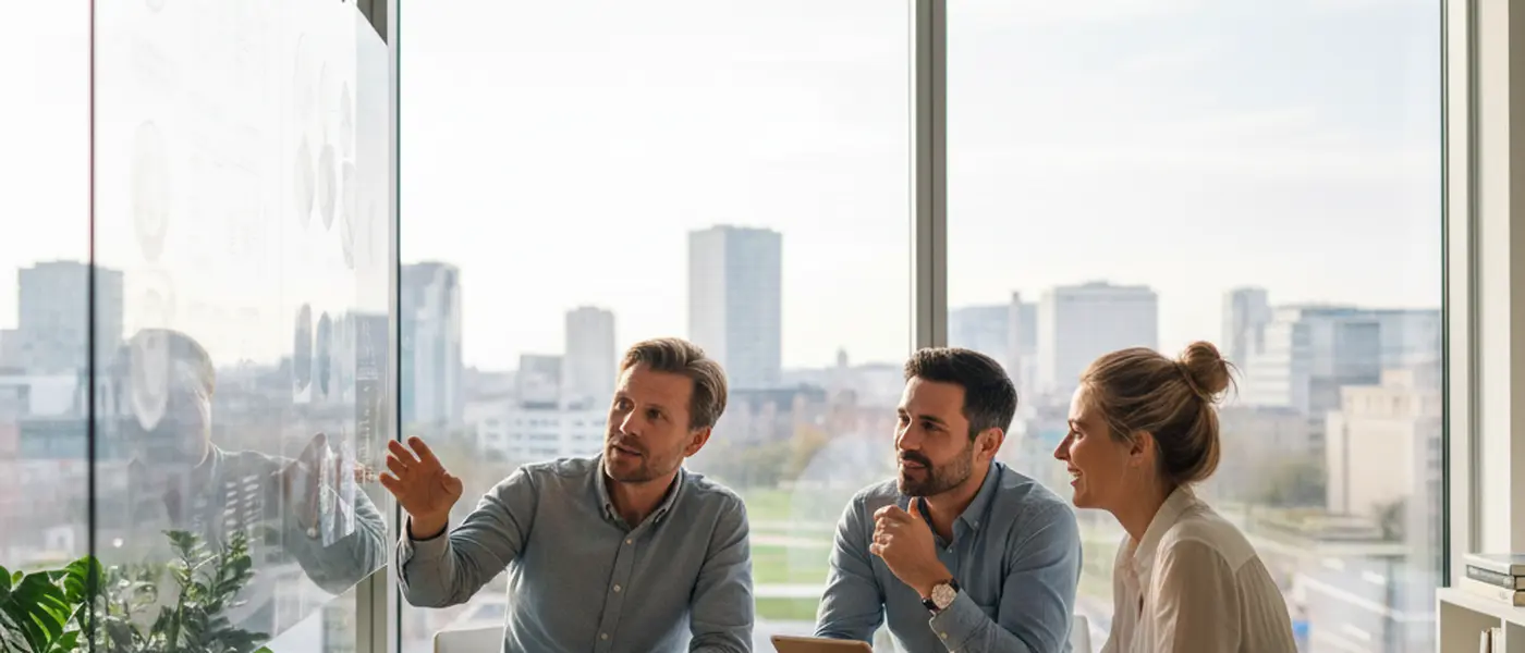 IT-Berater erläutert eine Serverarchitektur am Whiteboard in einem modernen Berliner Büro